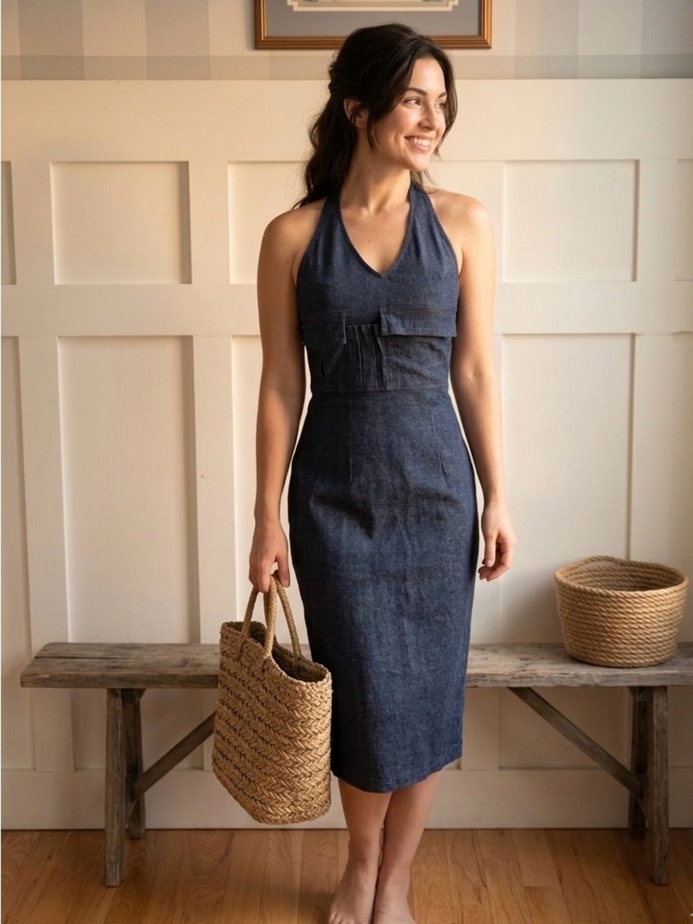 Halter Midi Dress in Navy Denim with Styled Detailing and Pockets